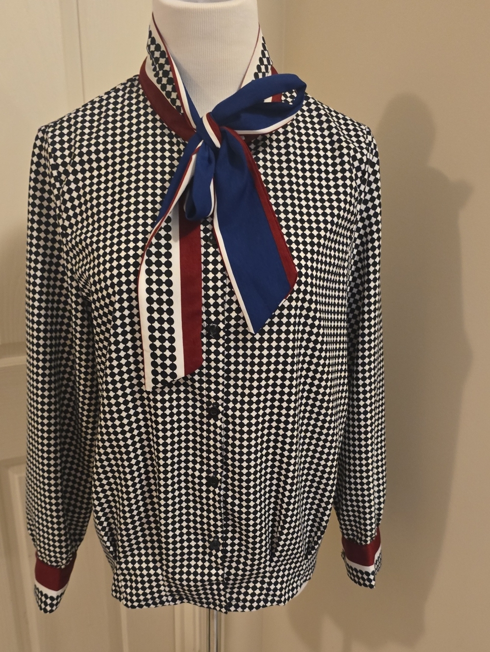 SHEIN Black & White Geometric Blouse with Blue and Burgundy Accents